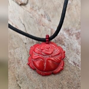 VTG Red Natural Coral Carved Flower Necklace